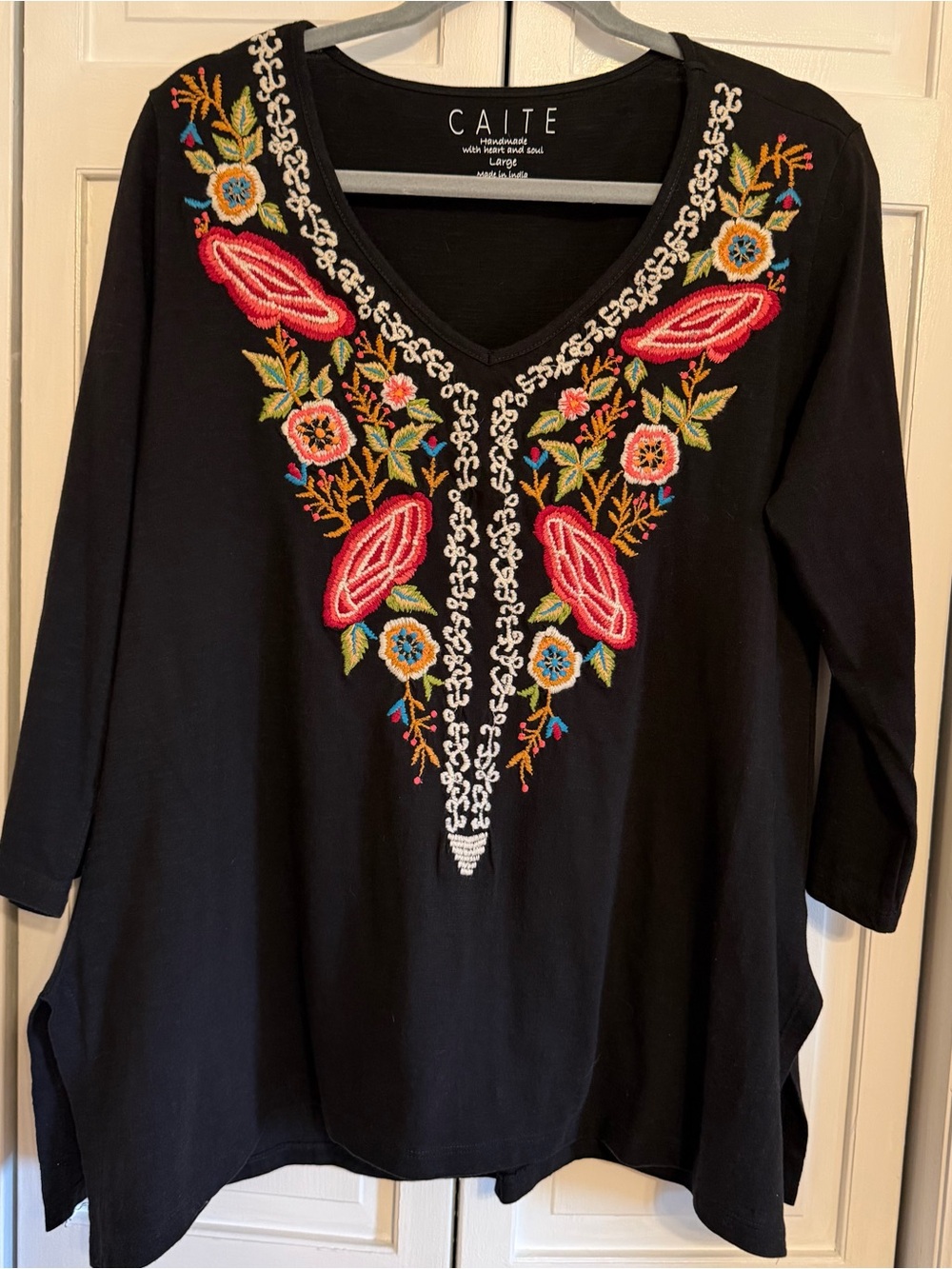 Caité Black Embroidered V-Neck Women's Top